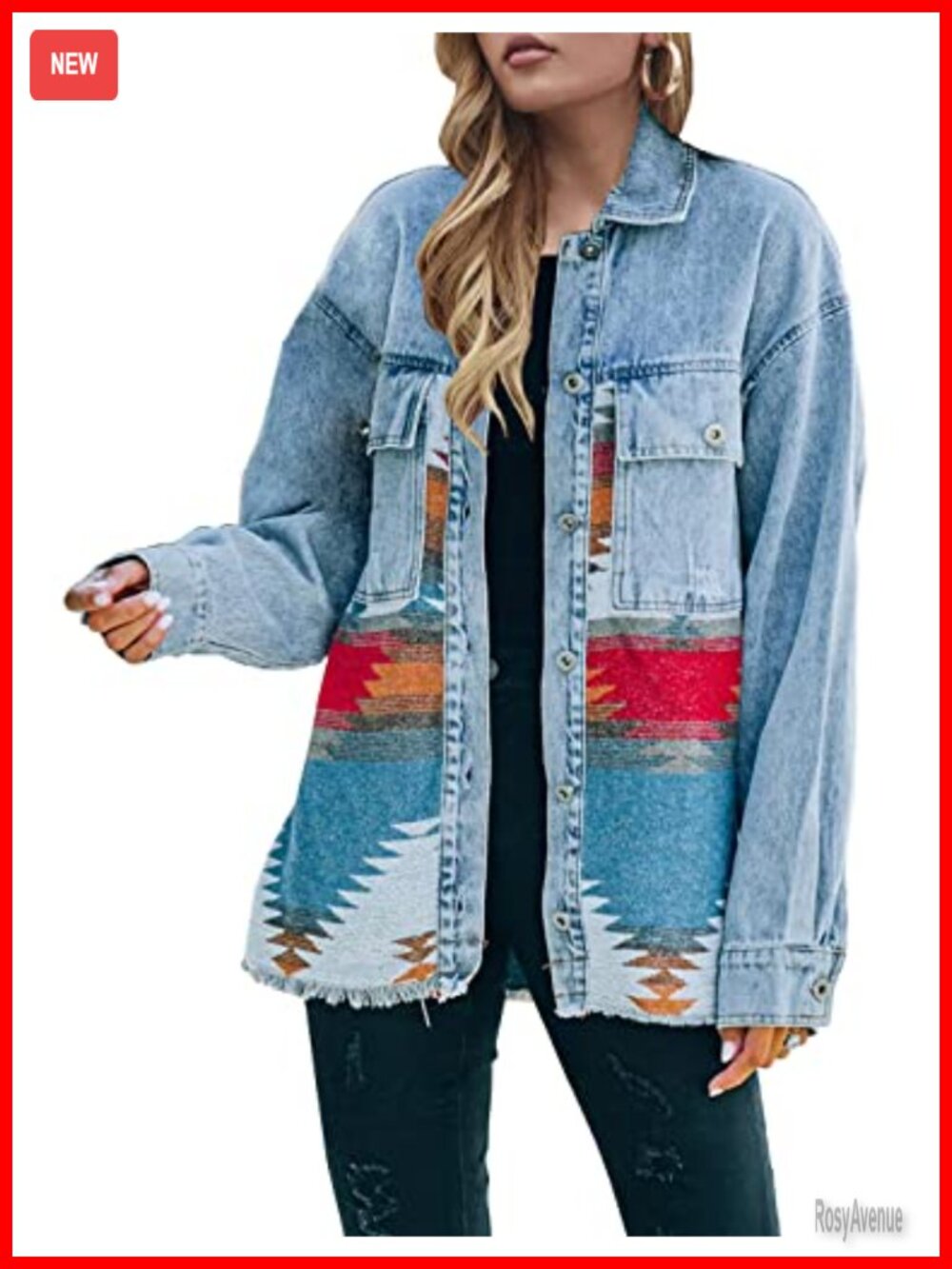 Oversized Western Aztec Denim Shacket with Fringe